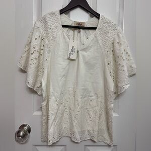 Ollari New York White Eyelet Boho Blouse | Smocked Cotton Top | Size L | NWT